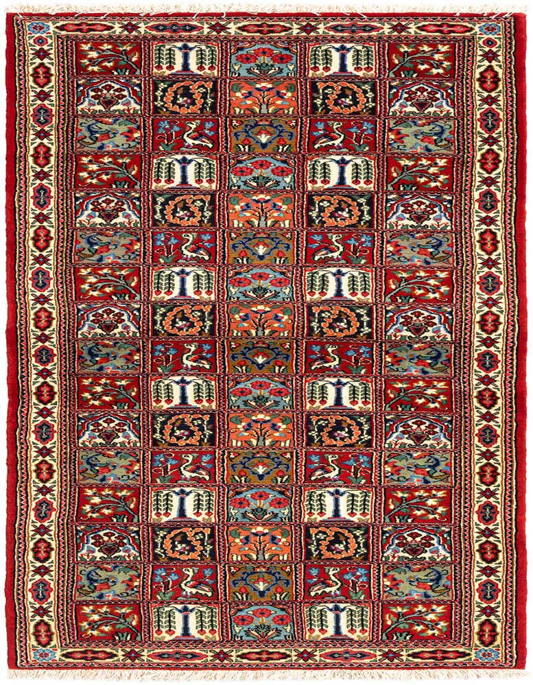 A 6 ft Qom runner rug featuring a detailed red Persian pattern with multiple colorful squares, ideal for hallways.