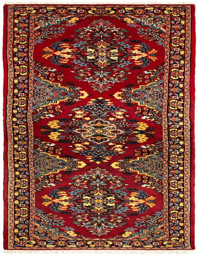 A 6 ft runner rug from the Rugs.com Qom collection, featuring a traditional red Persian and Oriental floral pattern with intricate details and a medium pile.