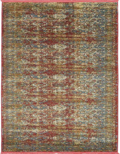 A 10 ft runner rug from the Santiago collection, featuring a distressed eclectic medallion pattern in reds, blues, and gold, ideal for a hallway.