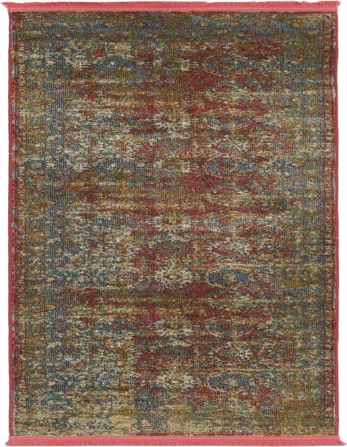 A 6 ft runner rug with a distressed medallion pattern in shades of red, blue, and gold, featuring fringed ends.