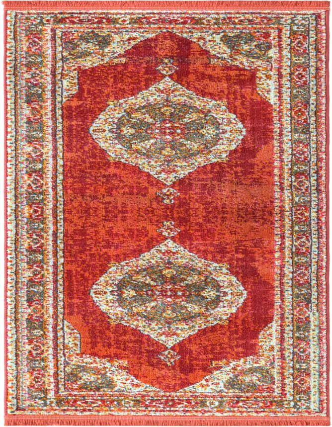 A 6 ft red runner rug with a distressed Bohemian medallion pattern, featuring cream, orange, and brown accents, ideal for a hallway or kitchen.