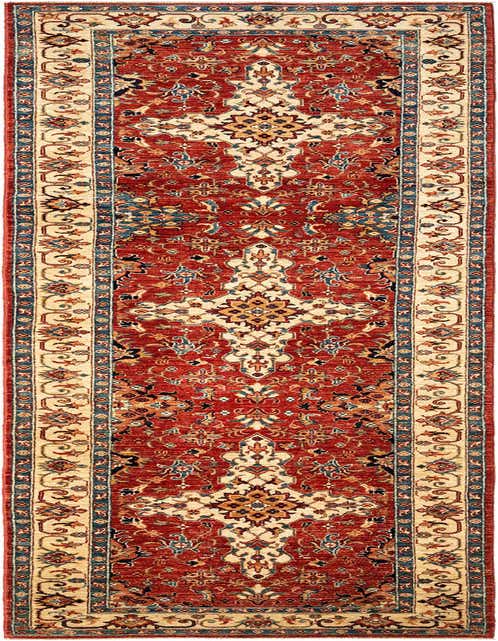 A 10 ft runner rug in traditional Persian style, featuring a rich red field with intricate floral patterns in cream, blue, and gold, perfect for a hallway.