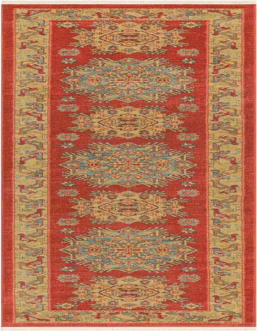 A 10 ft runner rug in shades of red with a traditional Southwestern pattern, featuring gold, blue, and green tribal motifs.