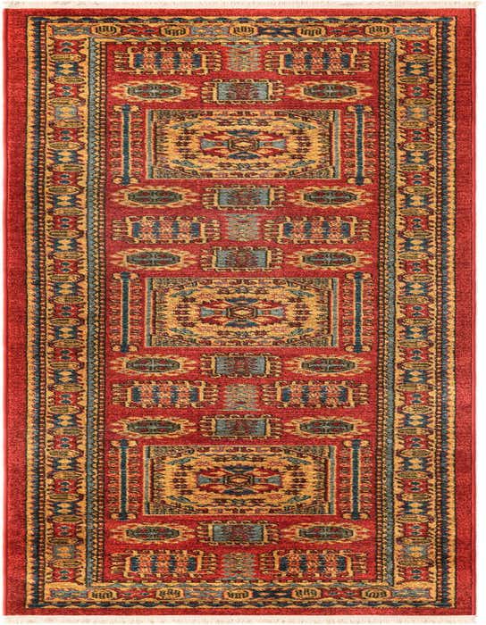 A 10 ft runner rug from the Sara collection by Rugs.com, featuring a traditional tribal medallion pattern in reds, gold, and blue.
