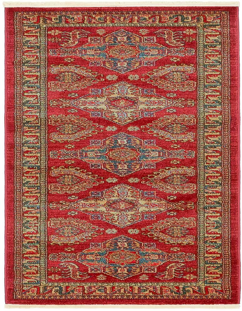 A 7 ft runner rug in traditional red with a multi-colored medallion and tribal pattern, ideal for a hallway.