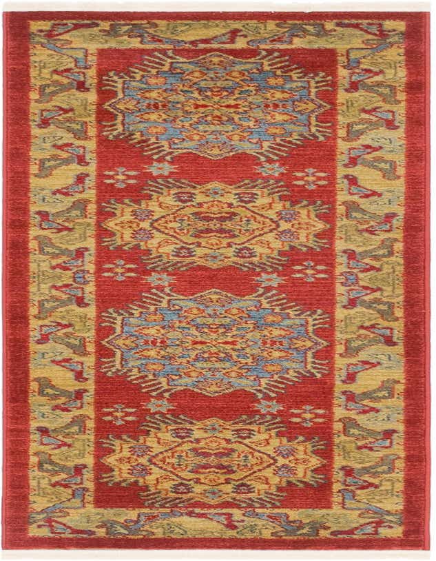 A 6 ft runner rug featuring a traditional medallion and tribal pattern in reds, gold, and blue, ideal for a hallway or kitchen.