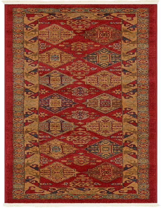 A 6 ft runner rug featuring a traditional tribal pattern in reds, gold, and blue, ideal for a hallway or kitchen.