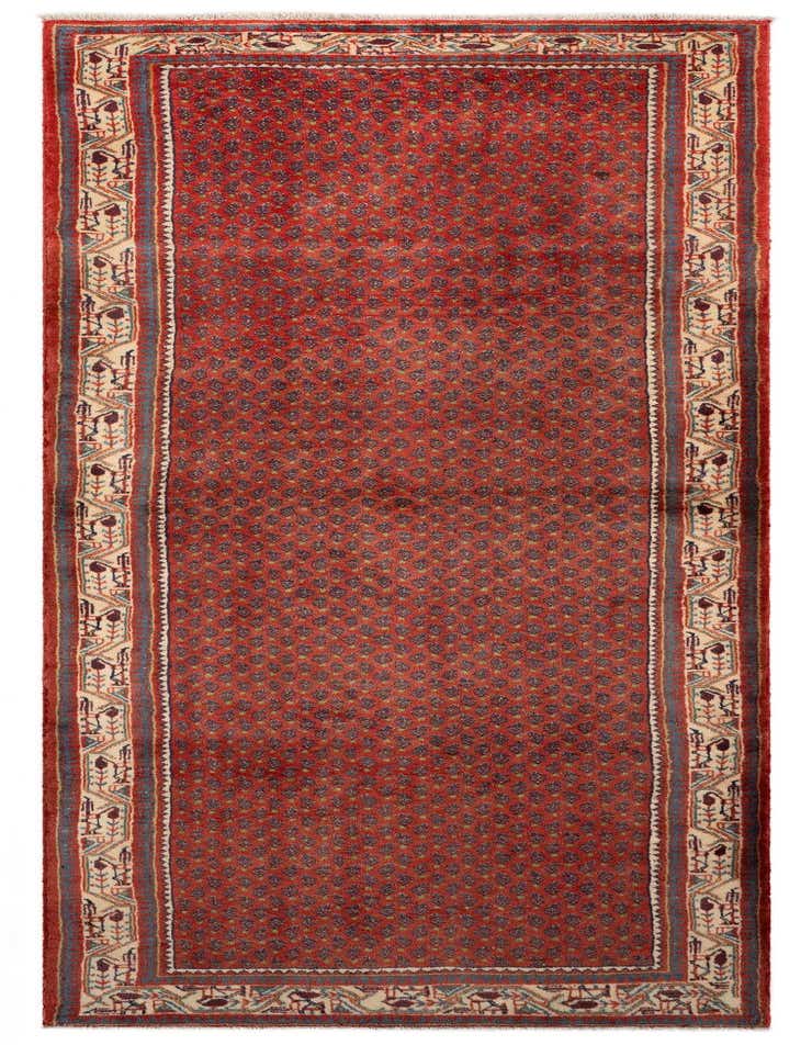 A 10 ft red Persian runner rug with intricate floral patterns and a cream border, perfect for a hallway.
