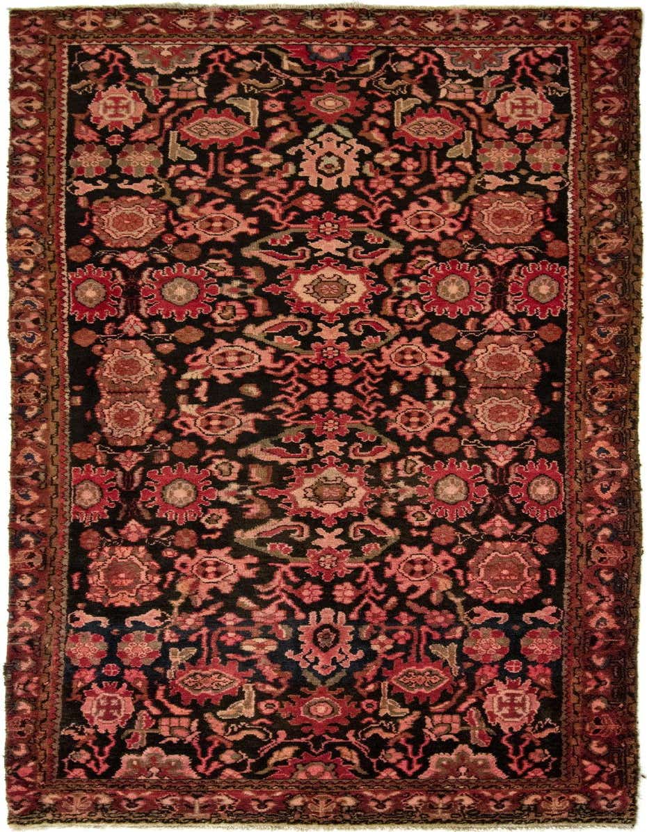 A 10 Ft runner rug with a black background and intricate red, pink, and brown Persian floral patterns, ideal for a hallway.