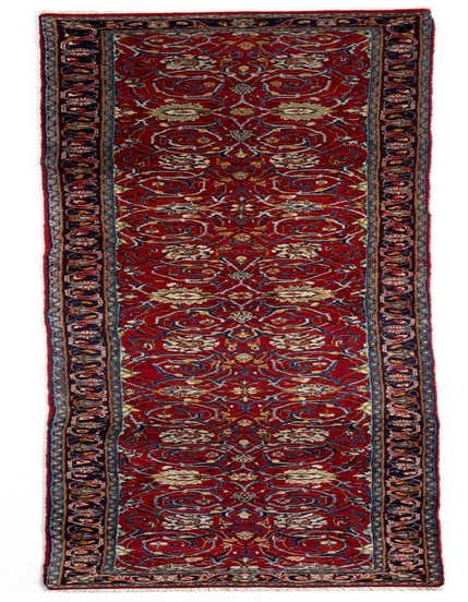 A long, narrow 13 ft runner rug with a rich red background and intricate Persian floral patterns in blue, cream, and gold, ideal for a hallway.