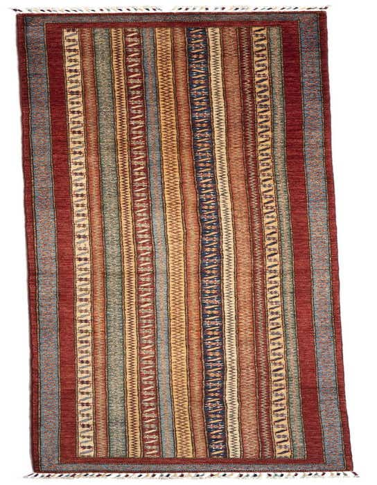 A handmade 11 ft runner rug featuring a rich red background with intricate Persian-style striped patterns in blue, gold, and green.