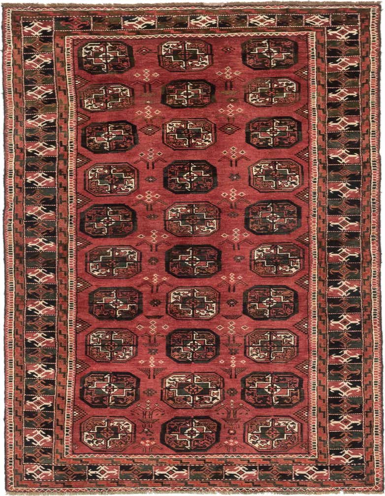 A 10 Ft runner rug in deep red with traditional Persian and tribal patterns, featuring geometric medallions and intricate borders in black, green, and cream.