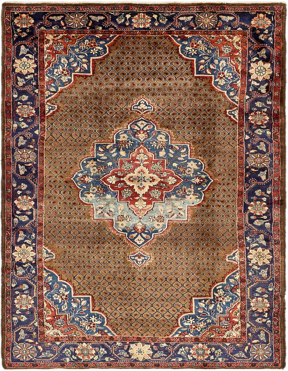 A handmade 11 ft runner rug featuring a tribal Persian medallion design with a brown field, red, and blue accents.