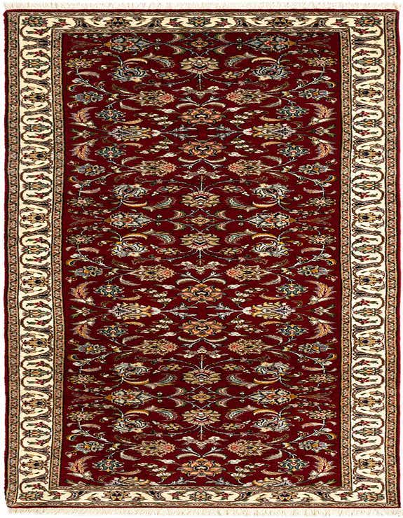 A 10 Ft runner rug in deep red with an intricate Persian floral pattern and a cream border, ideal for a hallway.