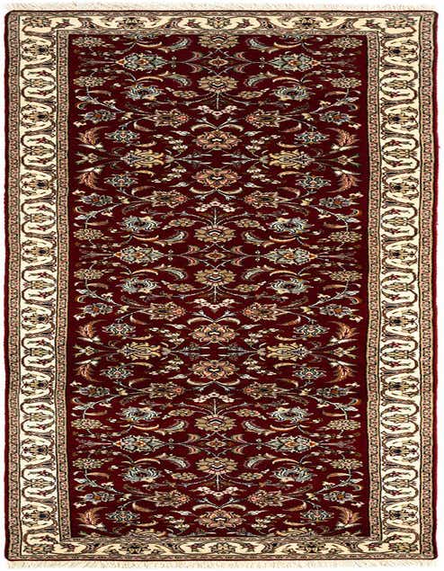 A 10 ft red Persian runner rug with a detailed floral pattern and an ornate cream border, suitable for a hallway.