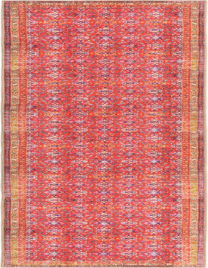 A 12 ft red runner rug with a traditional floral pattern and a detailed border, perfect for a hallway.