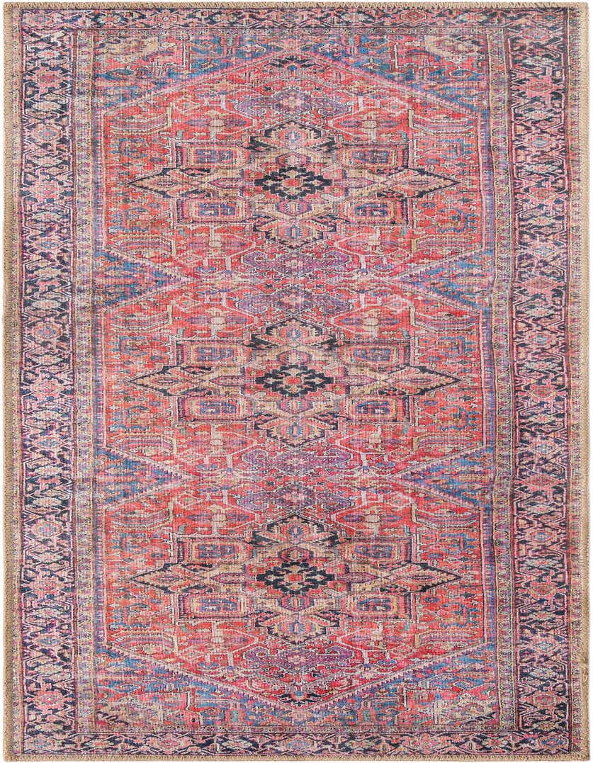 A 5 ft runner rug in a transitional Oriental style, featuring a medallion pattern in shades of red, blue, and black, ideal for a hallway.