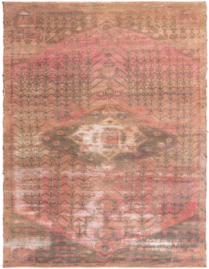 A 10 ft runner rug in muted reds and browns with a distressed Persian medallion and geometric patterns.