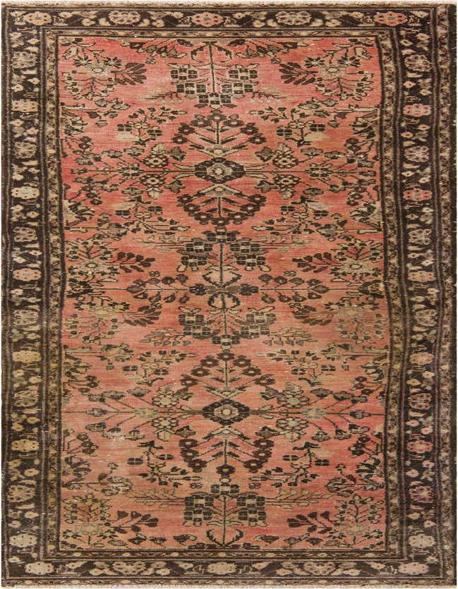 A 10 Ft runner rug with a faded red background and intricate dark brown and beige Persian floral patterns, ideal for a hallway.