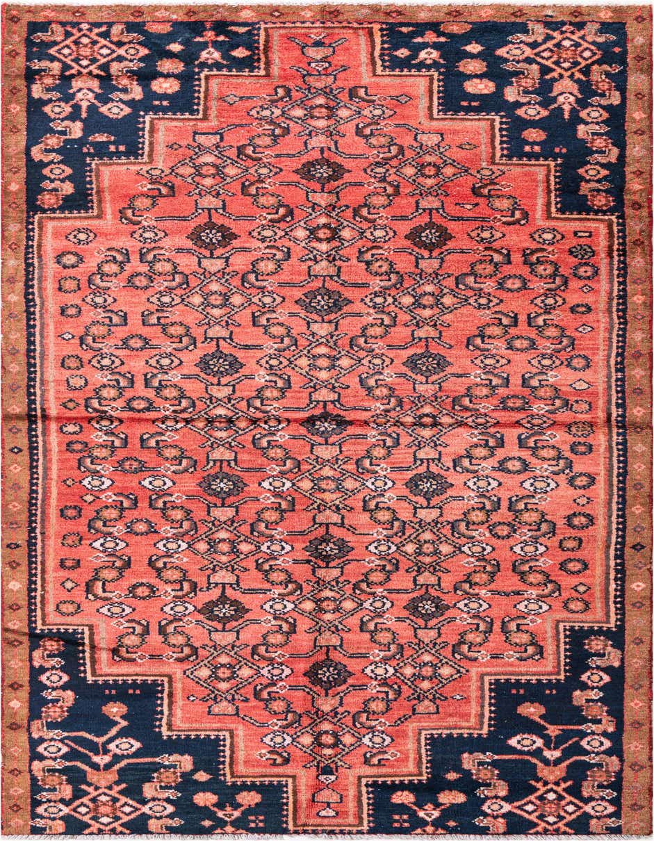 A 9 ft runner rug with a vibrant red field and a stepped navy border, featuring intricate Persian-style medallions and floral motifs.