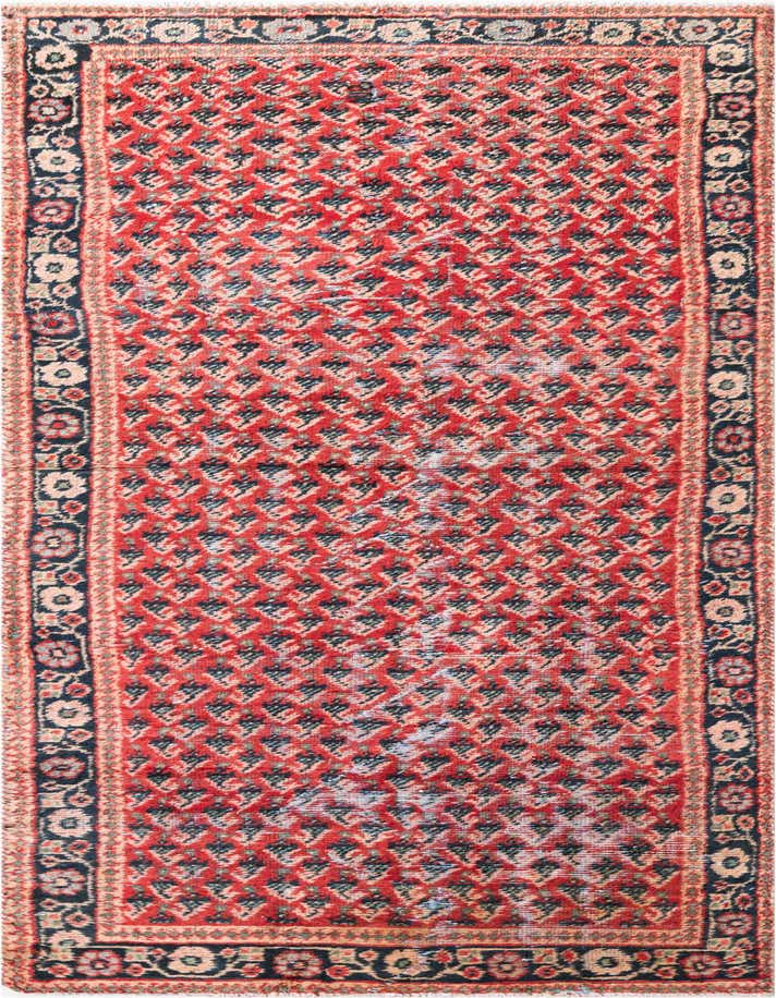 A 10 ft red wool runner rug with a distressed Persian pattern and dark blue floral border, ideal for a hallway.