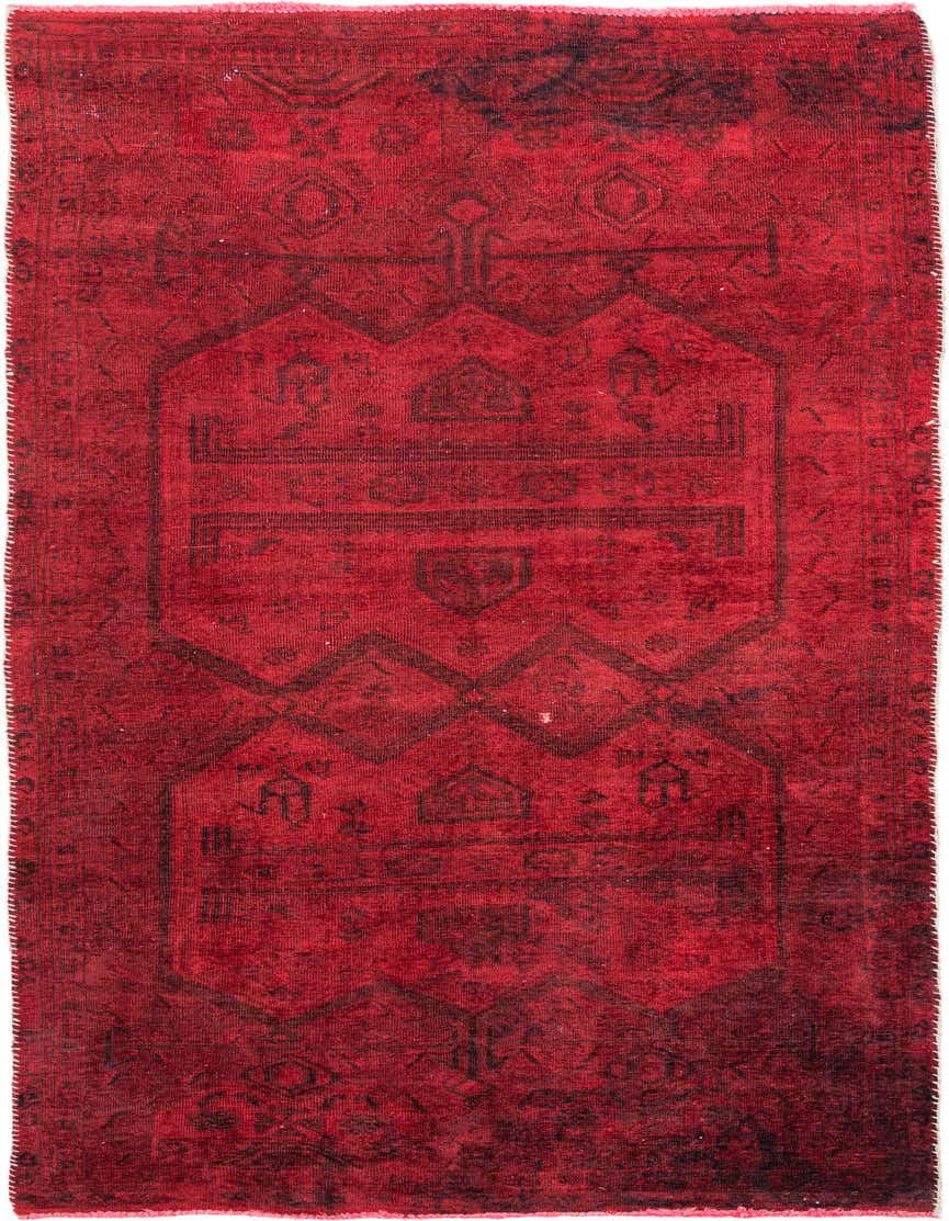 A 9 ft runner rug in deep red with faded black Persian-style geometric patterns, ideal for a hallway.