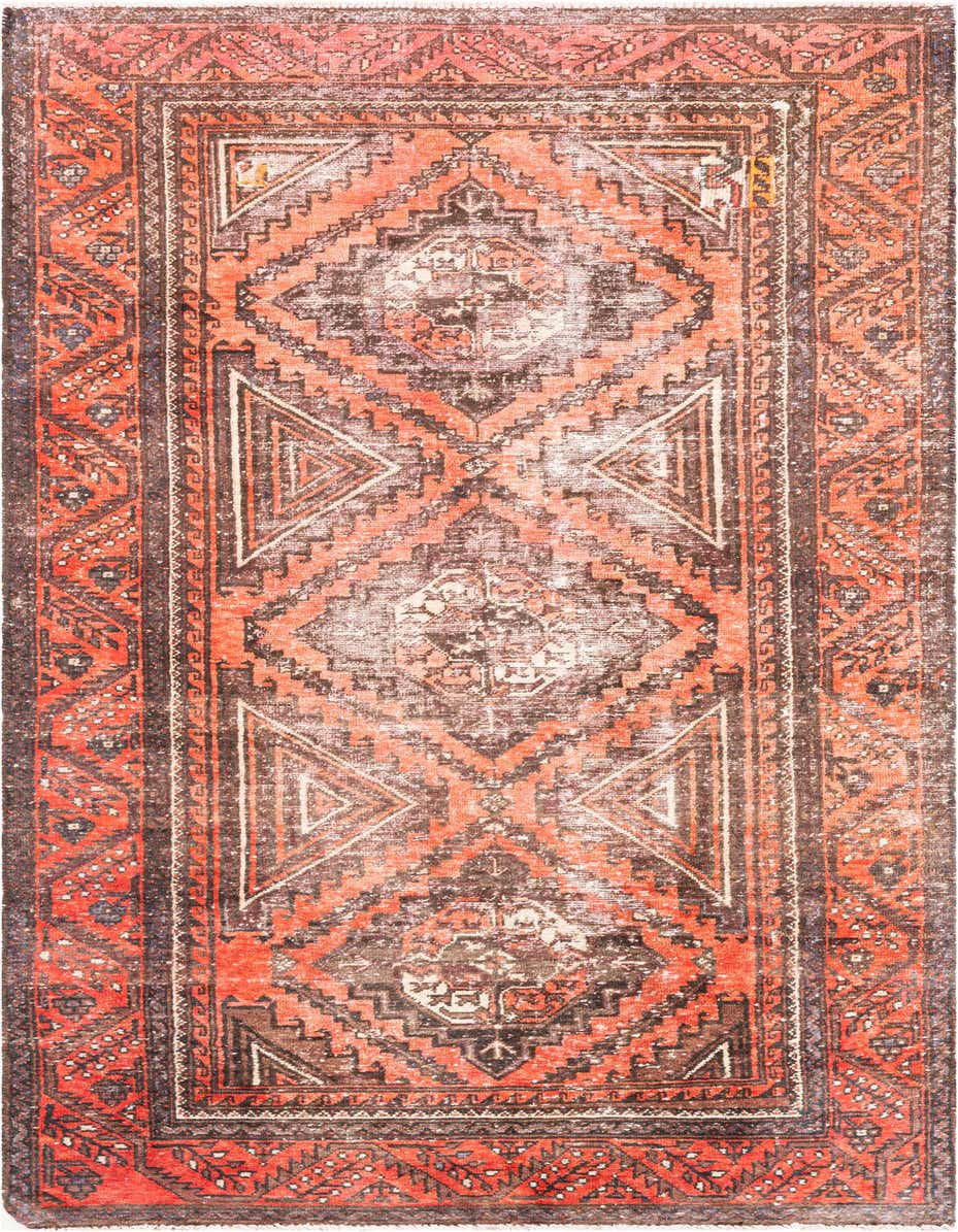 A distressed 8 ft runner rug with a central medallion in faded reds, browns, and creams, featuring intricate Persian patterns and a dark border.