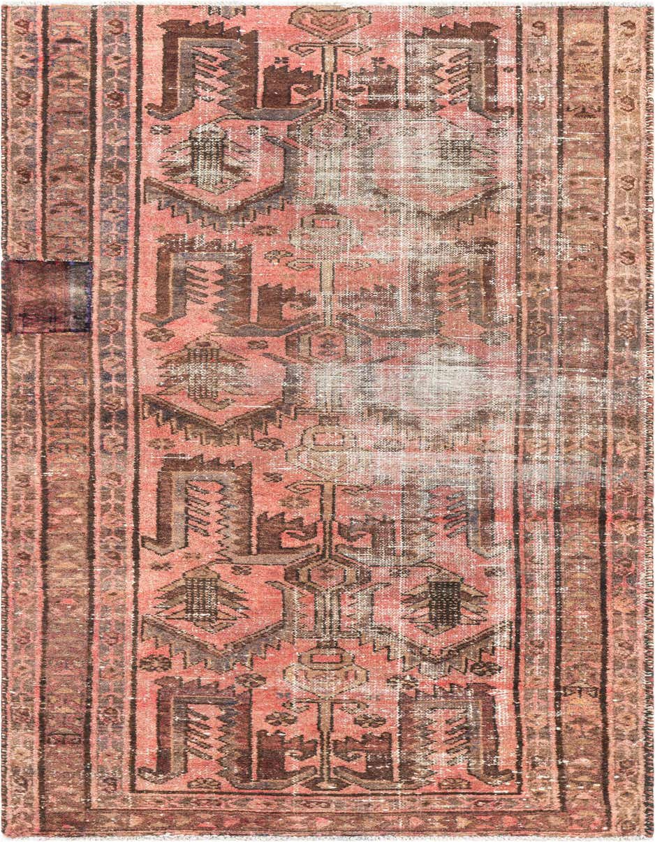 A distressed 8 ft runner rug featuring a faded red background with intricate brown and gray Persian-style patterns, ideal for a hallway or kitchen.