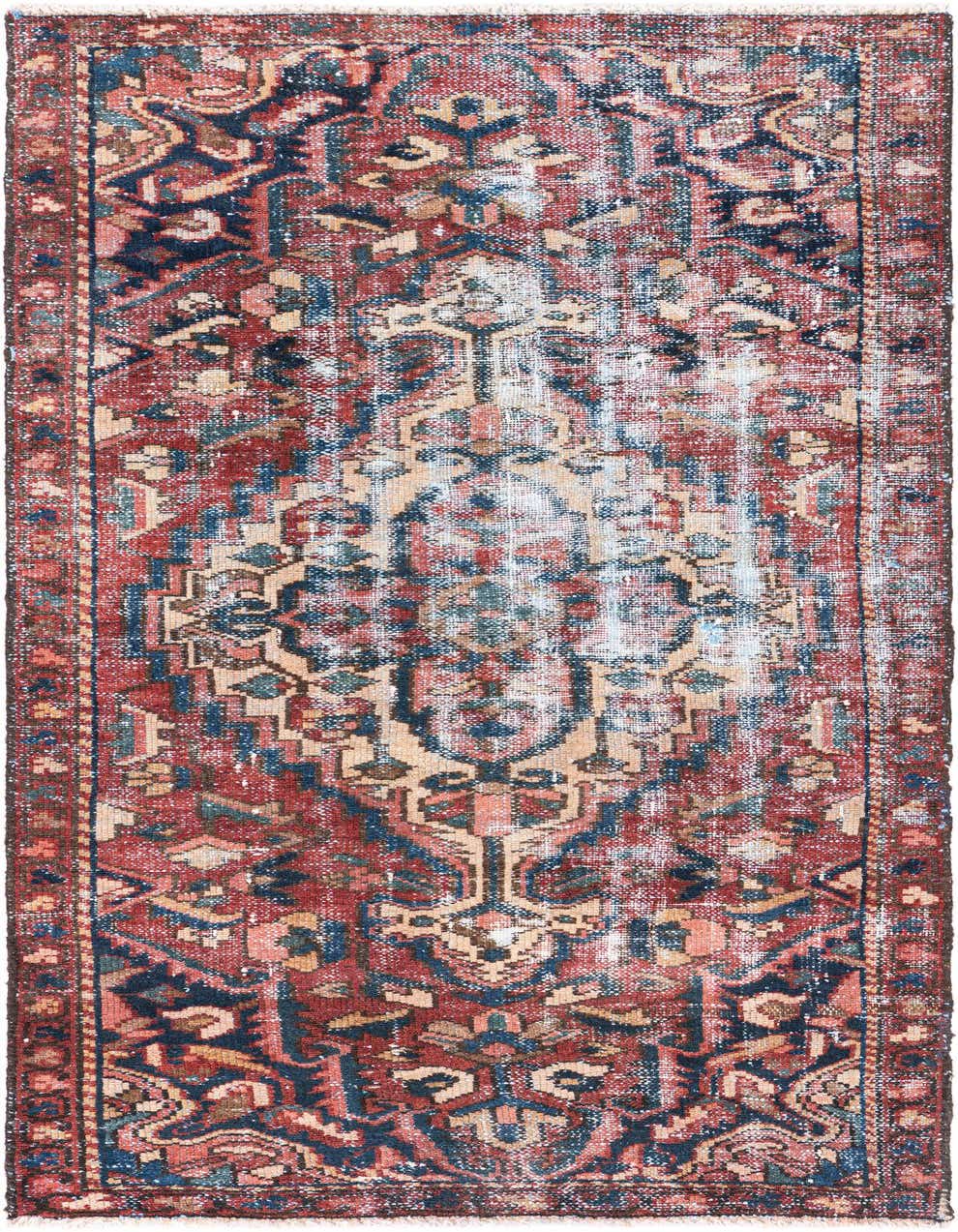 A 6 ft runner rug with a distressed Persian medallion pattern in shades of red, navy, and beige.