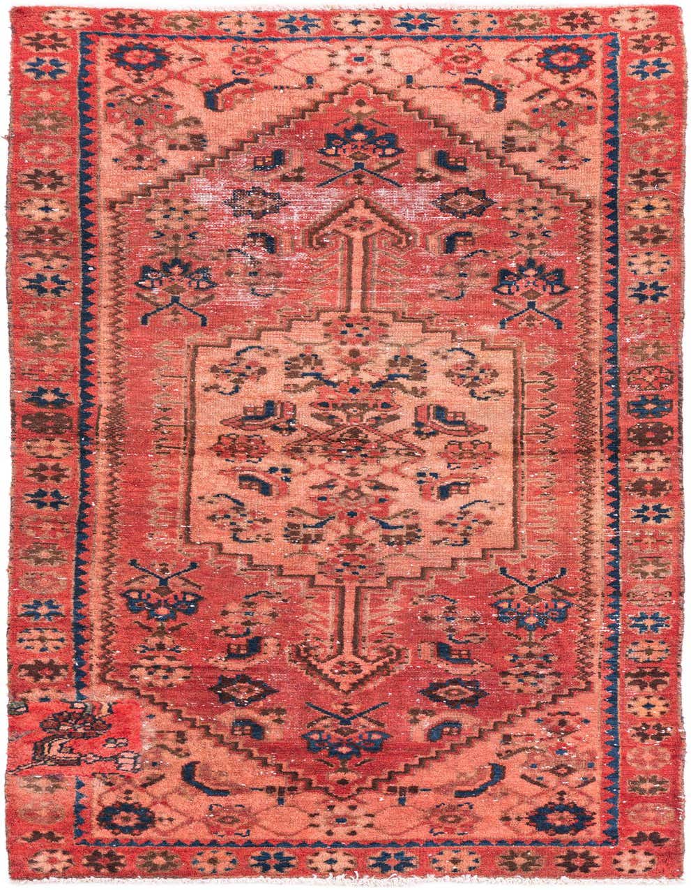 A 6 ft red Persian runner rug with a central medallion and intricate floral patterns in blue and brown, ideal for a hallway.