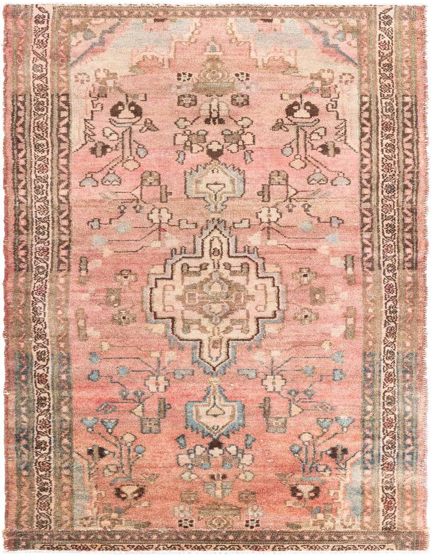 A close-up of an 8 ft runner rug with a faded red field and intricate blue, brown, and cream Persian medallion and floral patterns.