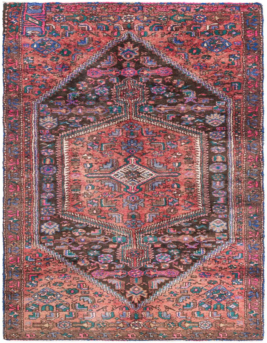 A 9 ft runner rug in shades of red, blue, and black, featuring an intricate Persian medallion pattern.