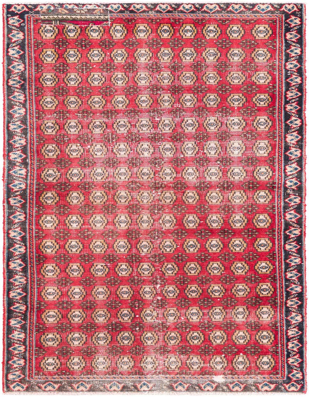 A 6 ft runner rug in shades of red with a distressed Persian pattern and dark borders, ideal for a hallway or kitchen.