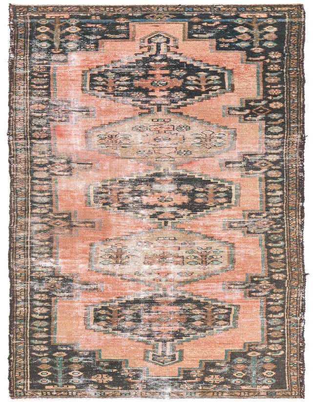 A 9 ft runner rug with a faded Persian medallion pattern in distressed reds, black, and hints of blue and brown, ideal for a hallway.