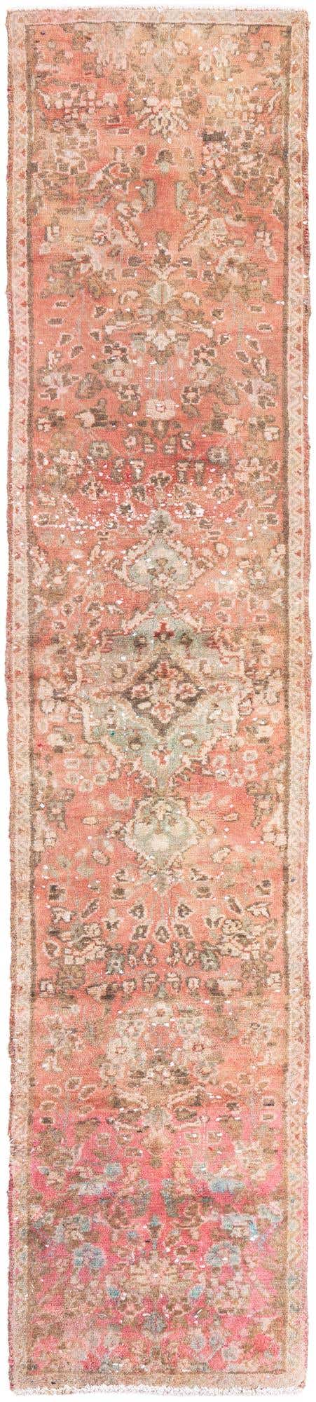 A 9 ft runner rug in a distressed Persian style, featuring shades of red, brown, and hints of teal, ideal for a hallway.