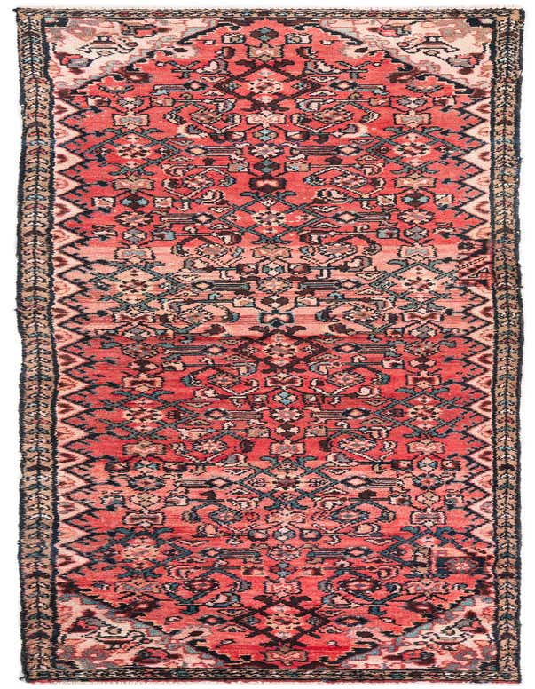 A 9 ft runner rug in shades of red with intricate Persian medallion and geometric patterns, ideal for a hallway.