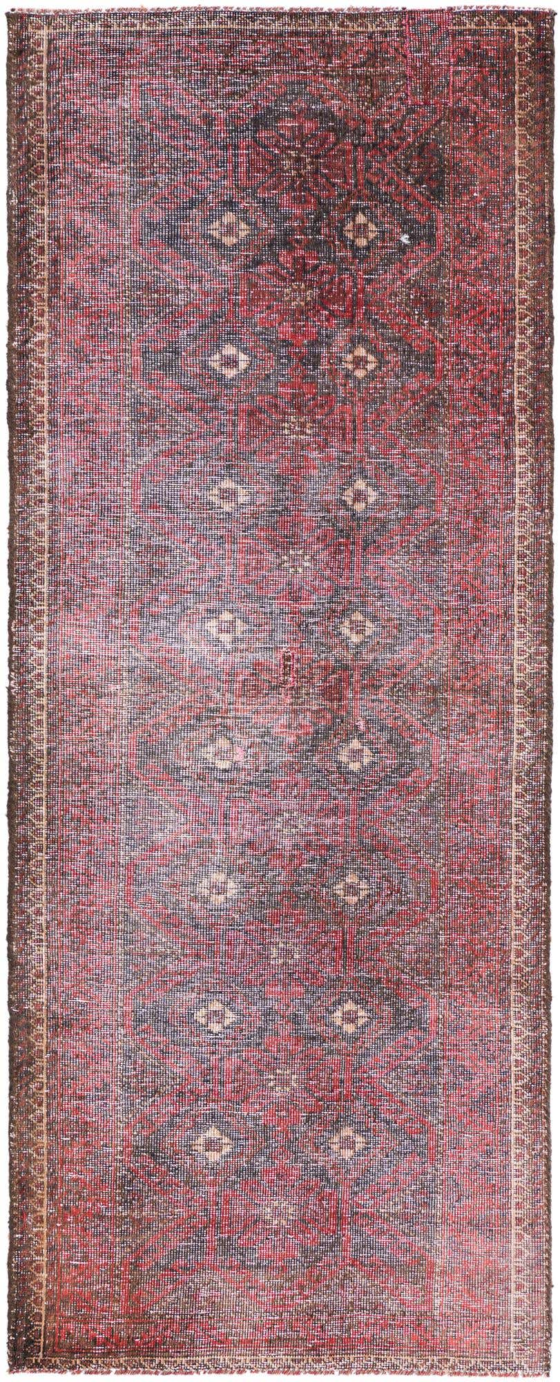 A 6 ft runner rug featuring a distressed red and dark blue Persian-inspired pattern with subtle cream accents, ideal for a hallway.