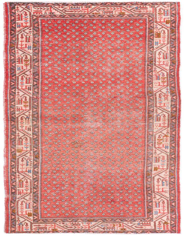 A 10 ft red runner rug with a faded Persian pattern and detailed cream and blue borders, perfect for a hallway.