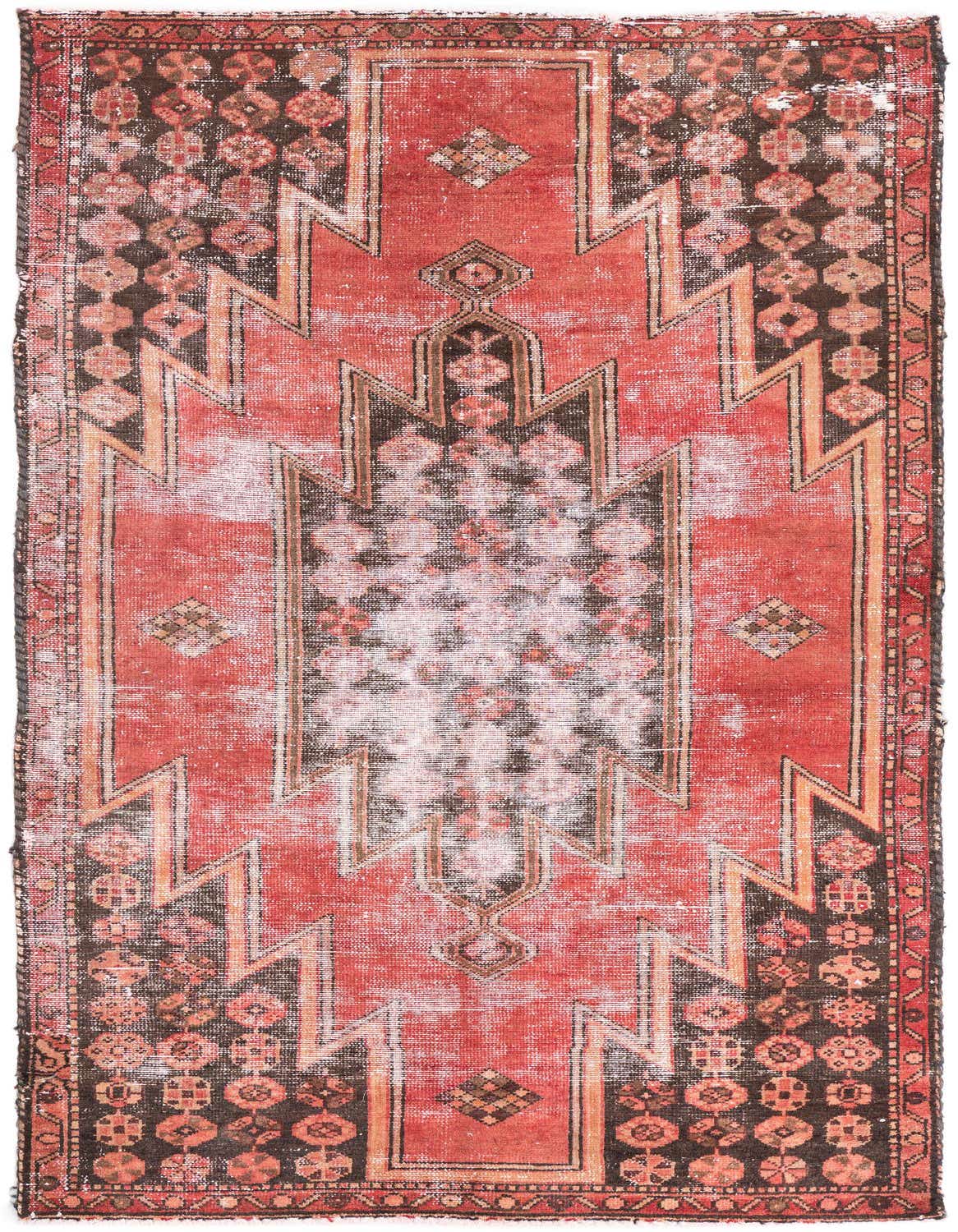 A 6 Ft runner rug featuring a distressed red and black Persian medallion pattern with geometric accents.