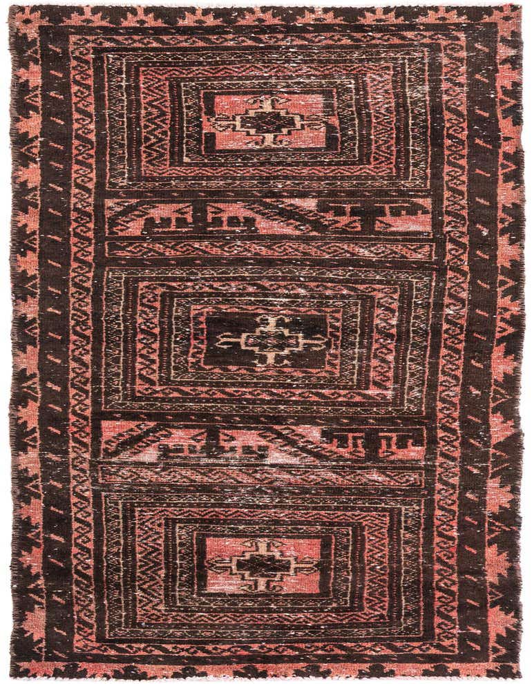 A 7 ft runner rug in shades of red and dark brown with intricate Persian and geometric patterns, ideal for a hallway.