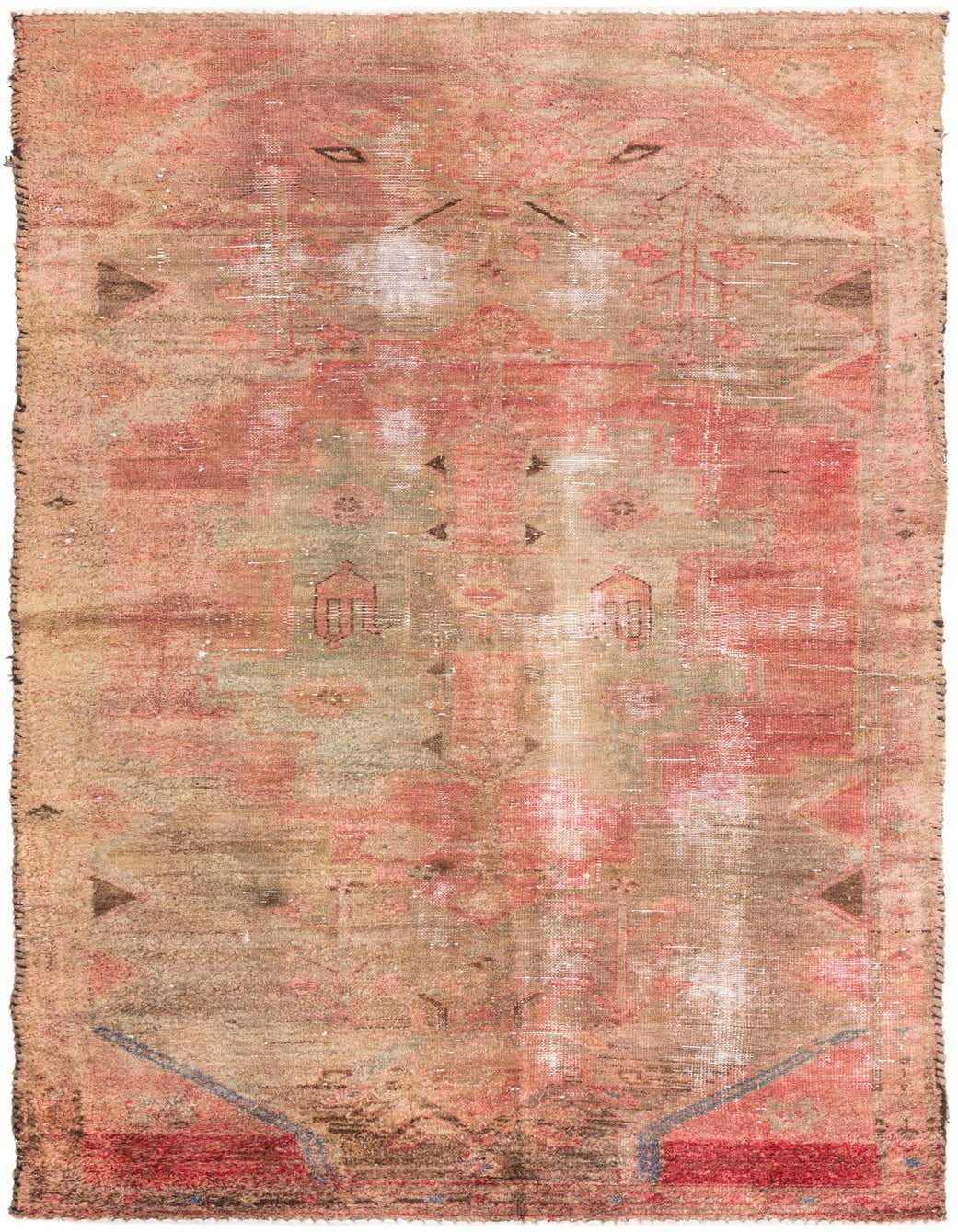 A 7 ft runner rug in shades of faded red and beige, featuring a distressed Persian medallion pattern.