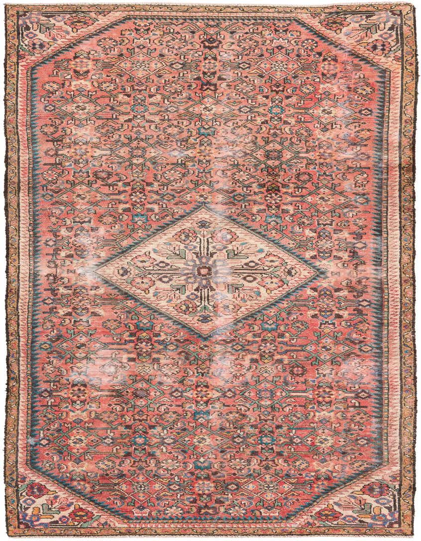 A 9 ft runner rug in a distressed Persian style, featuring a central medallion and intricate patterns in shades of red, blue, and cream.