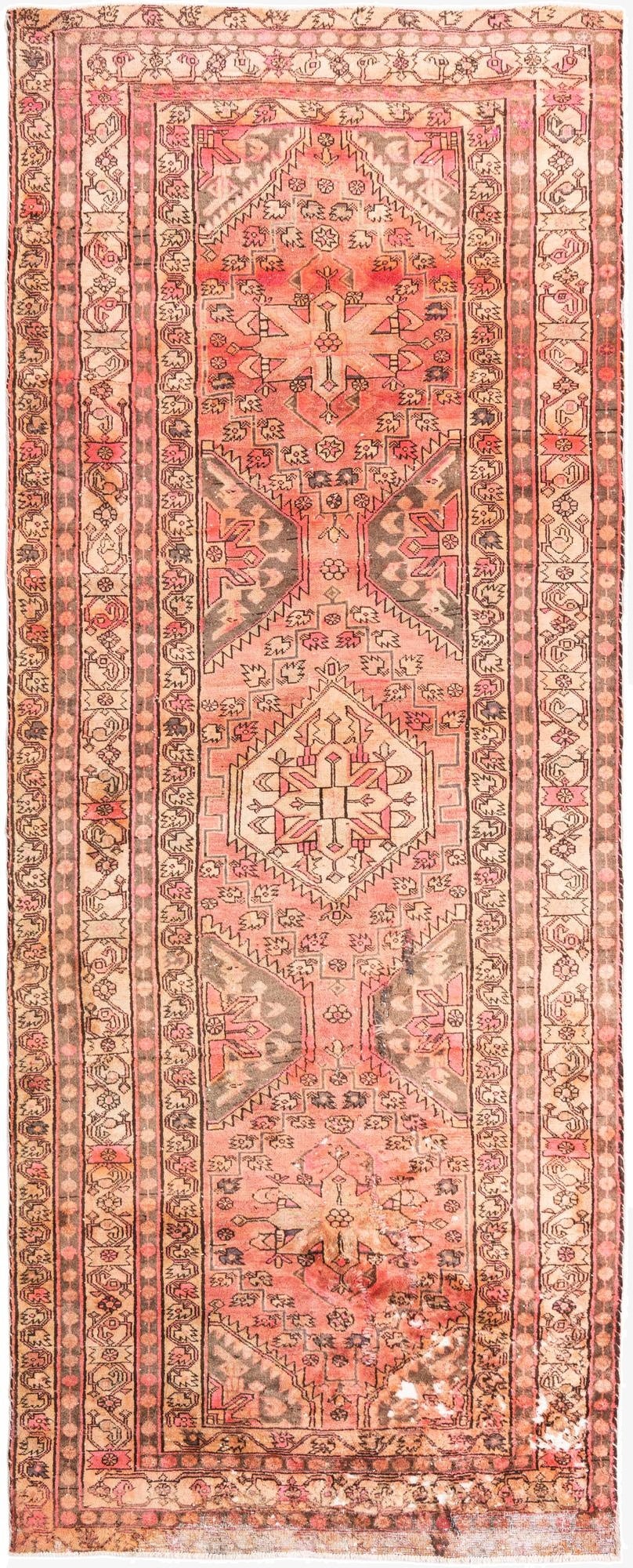  4' 3 x 10' 8  Hand Knotted Ultra Vintage Persian Wool Runner Rug