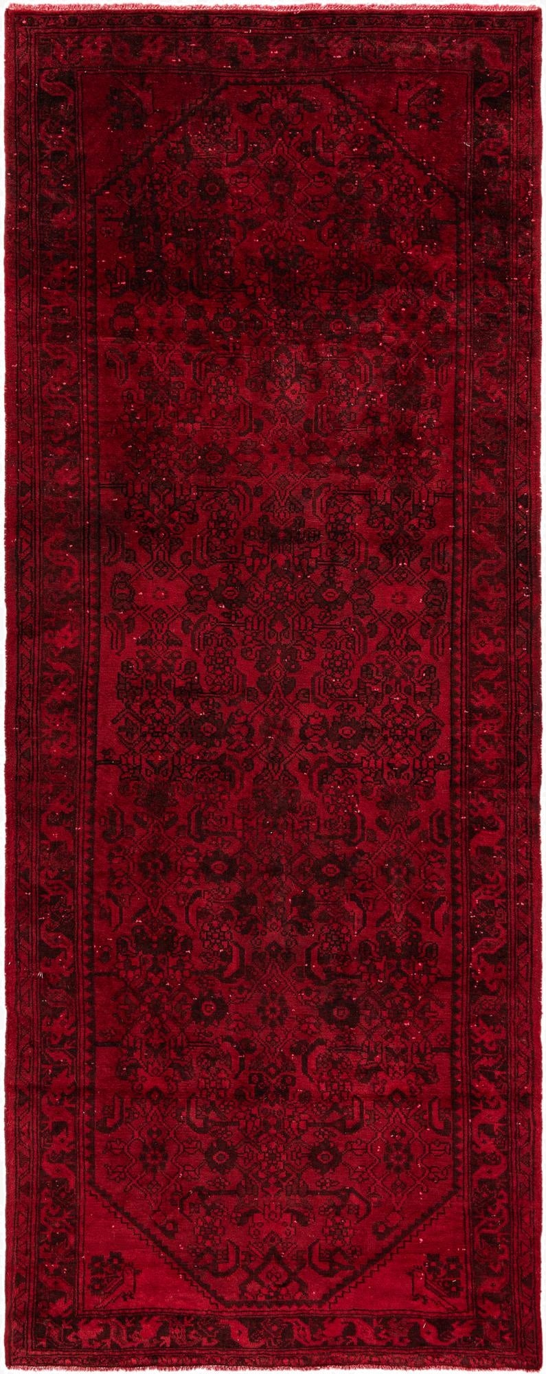 A 9 ft red runner rug with a faded black Persian medallion and border pattern, suitable for a hallway.