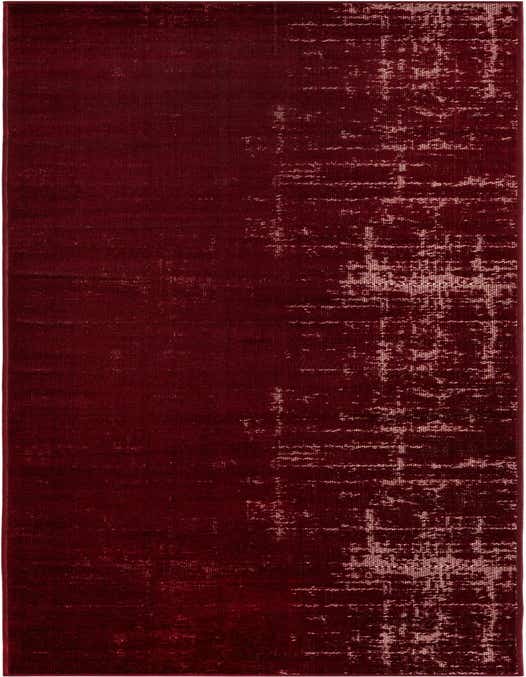 A 10 ft runner rug in deep red with a distressed, abstract pattern in lighter red, ideal for a hallway.