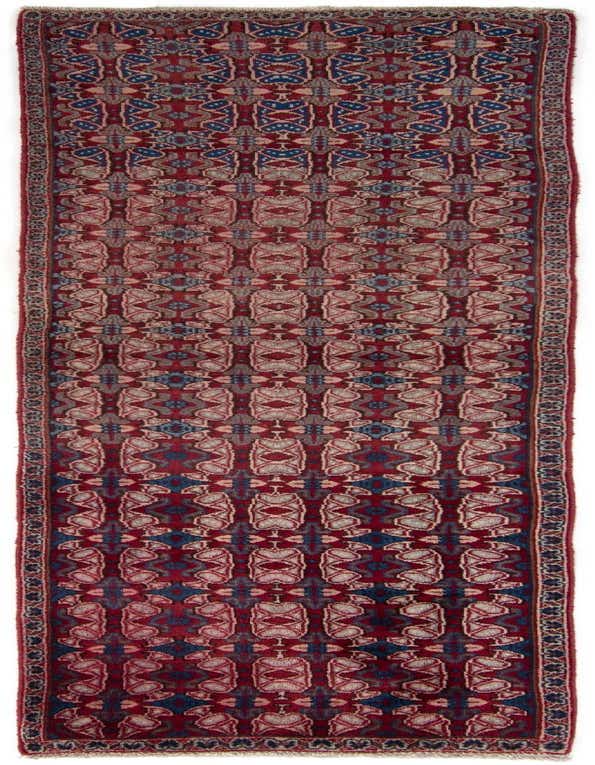 A 9 ft Veramin runner rug in rich reds and blues with intricate Persian patterns, ideal for a hallway.