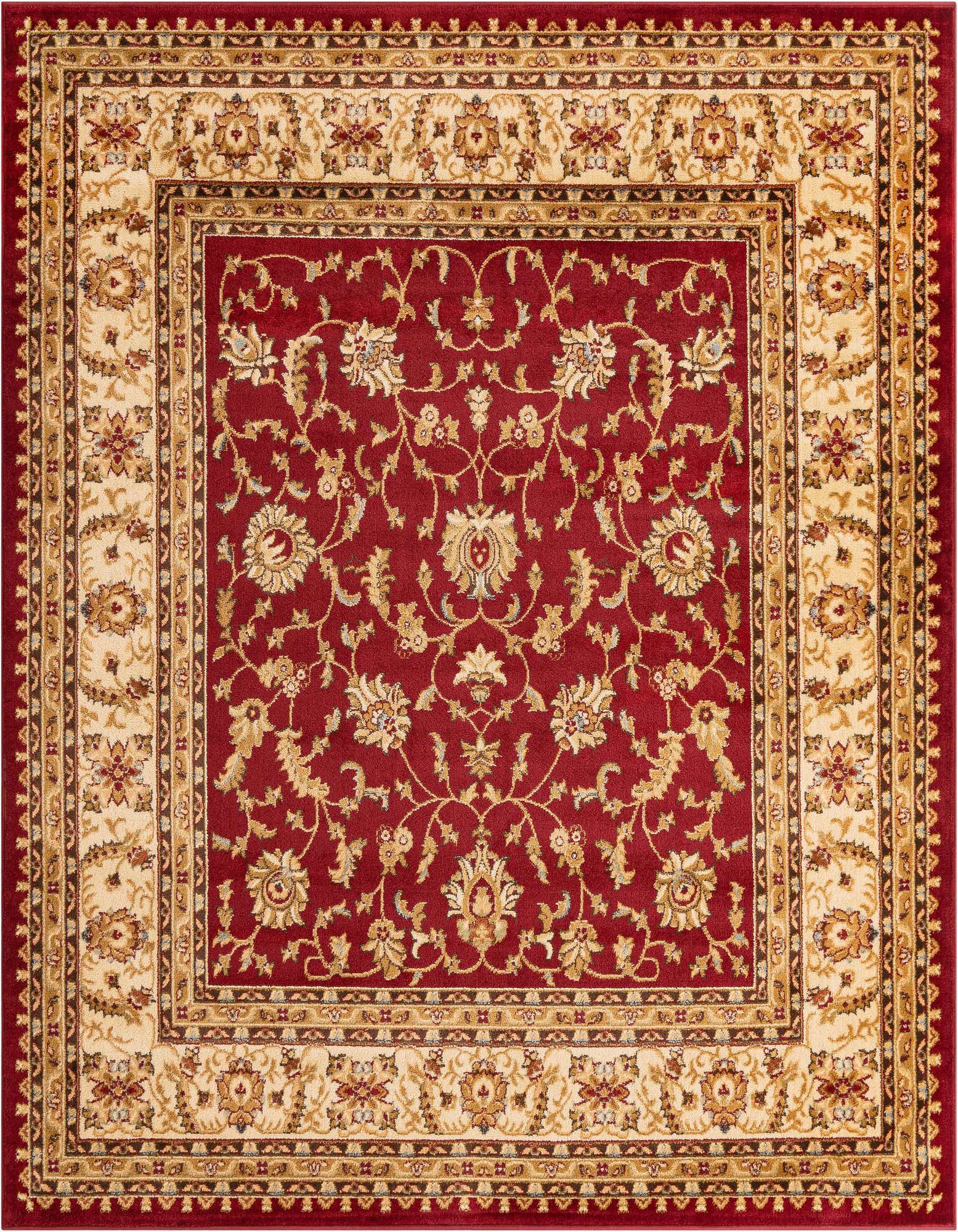 A 7'10 x 7'10 square Aditi rug with a rich red field and intricate cream and gold traditional floral patterns.