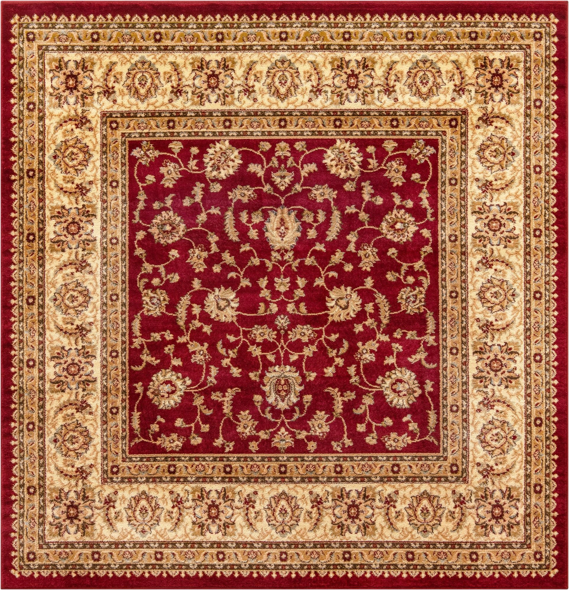 A 7'x7' square Aditi rug featuring a rich red field with intricate gold and cream traditional floral patterns and a detailed border.