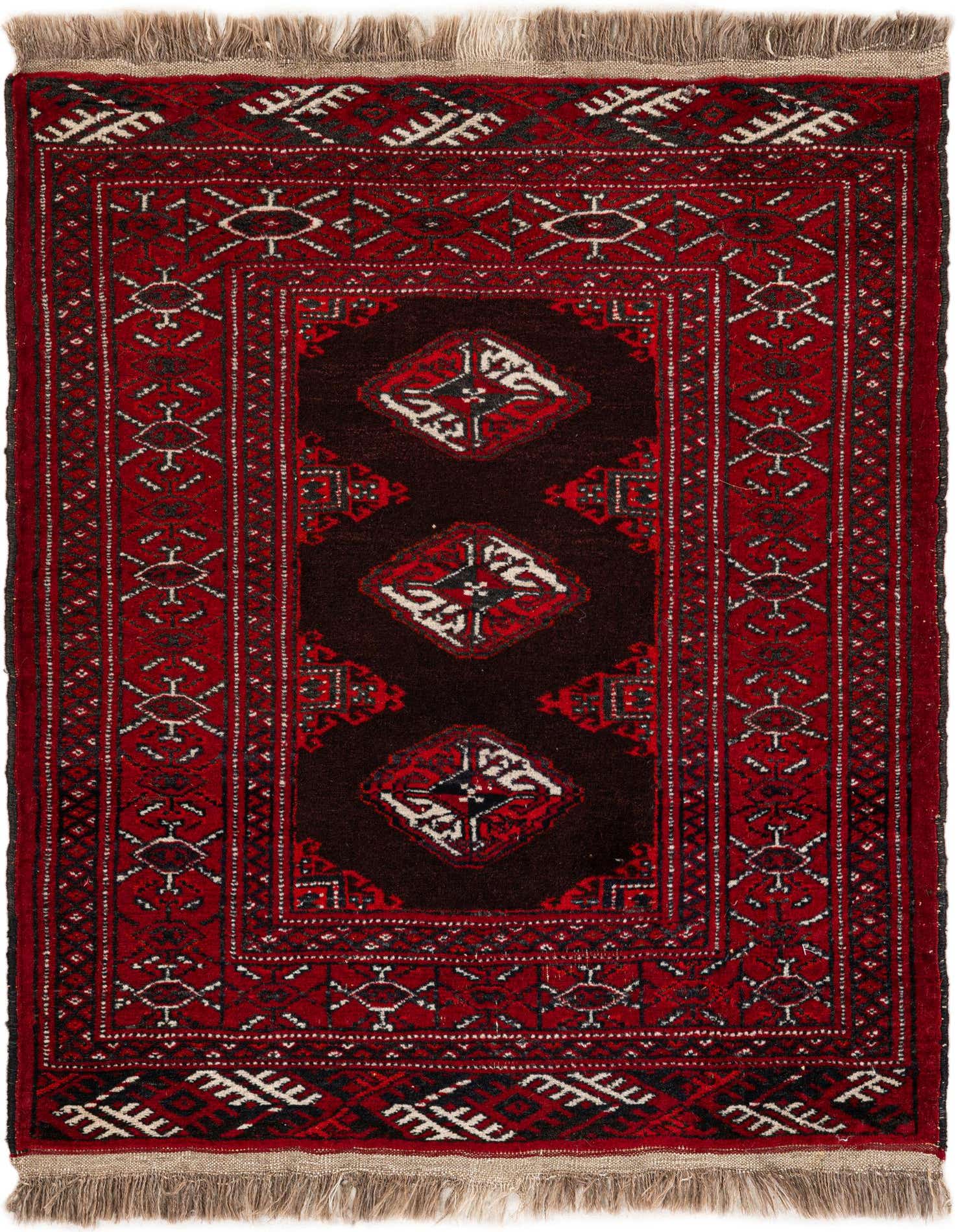 A 2' 7 x 3' 4 square Afghan Akhche rug featuring a deep red border with intricate tribal patterns and a dark brown center with three prominent white, red, and black diamond motifs, finished with natural fringe.