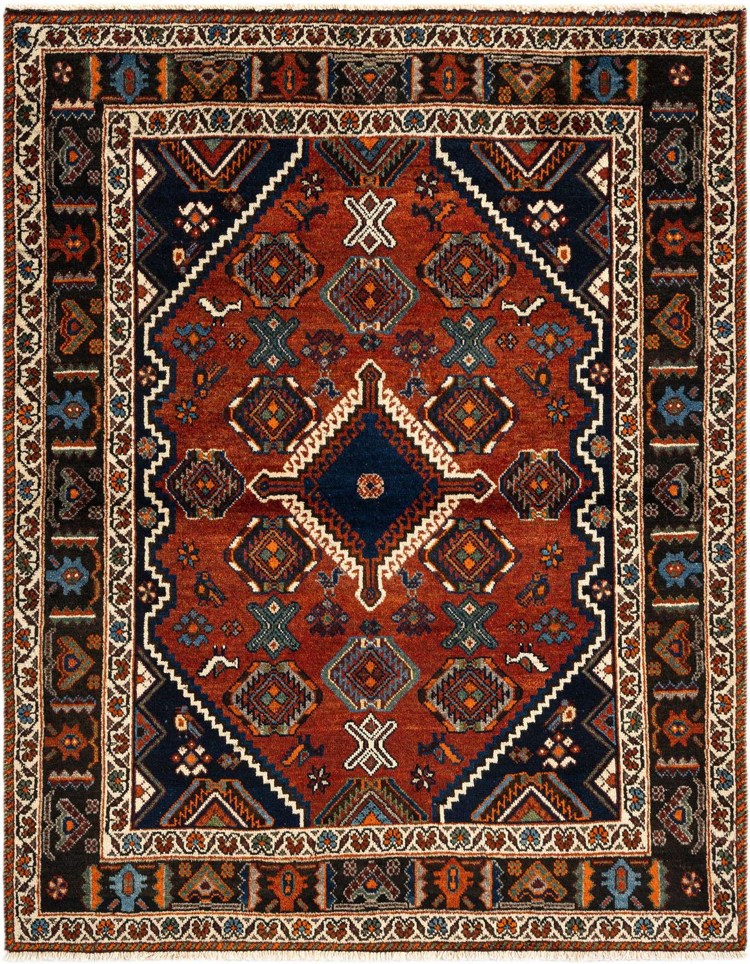 A square Afshar rug, 3' 11 x 5' 2, featuring a rich red field with a central navy diamond medallion and intricate geometric patterns in blue, orange, and black, framed by a multi-layered border.